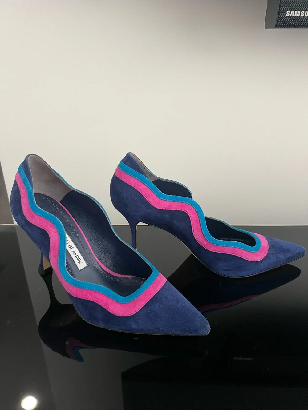 Manolo Blahnik Navy Suede Pumps with Pink & Teal Trim - Picture 2 of 5